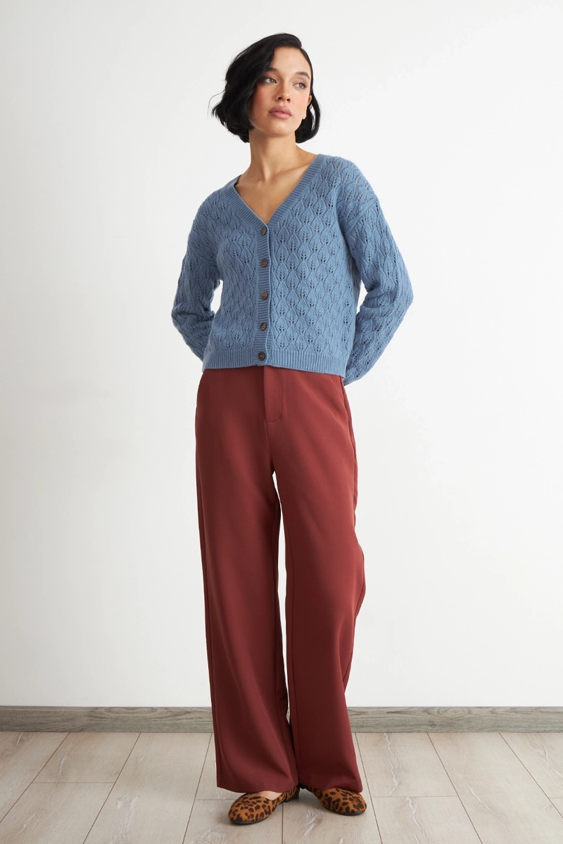 CARDIGAN TEJIDO CALADO CUELLO V CELESTE NICOPOLY - 2