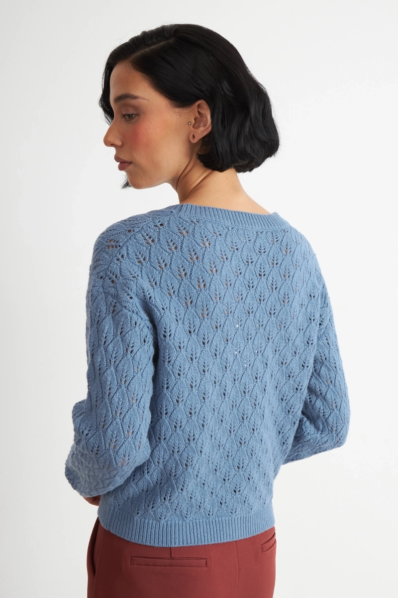 CARDIGAN TEJIDO CALADO CUELLO V CELESTE NICOPOLY - 4