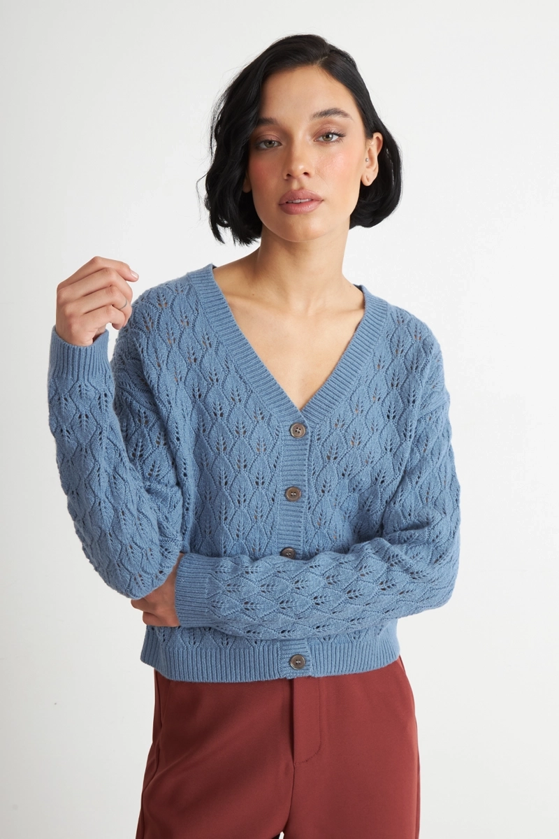 CARDIGAN TEJIDO CALADO CUELLO V CELESTE NICOPOLY - 5