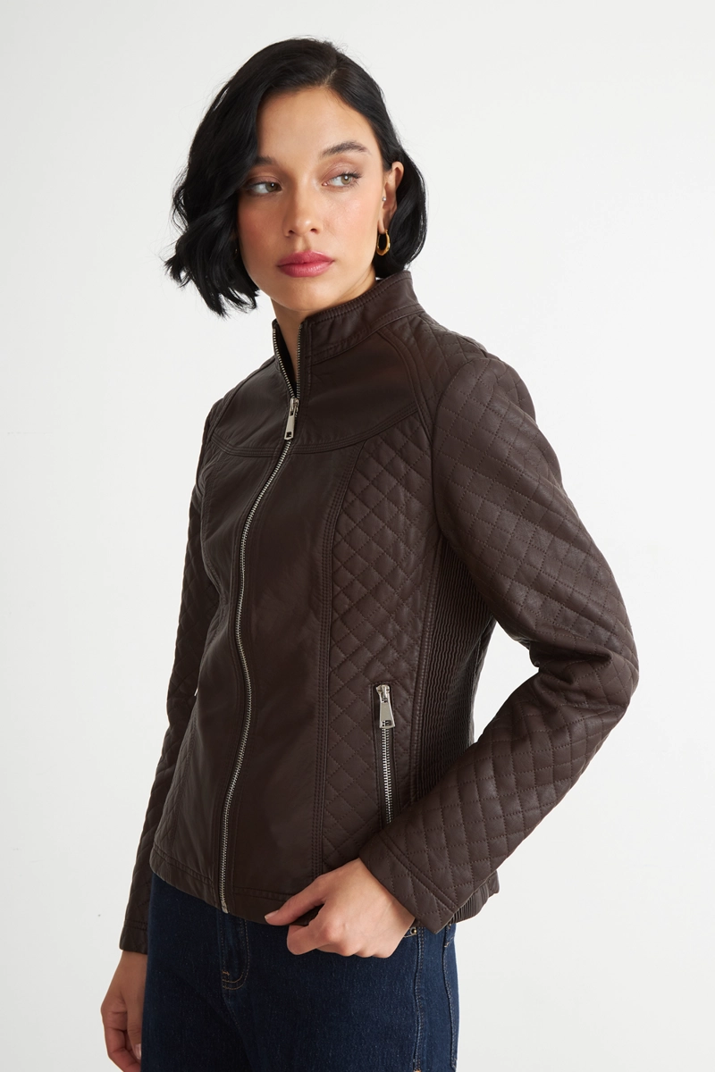 CHAQUETA ECOCUERO ACOLCHADO CUELLO MAO CAFE  NICOPOLY - 3