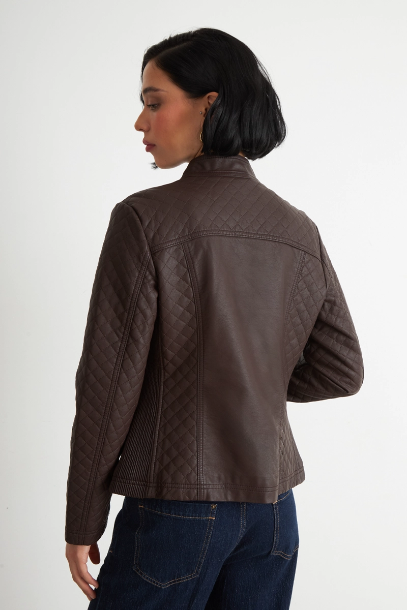 CHAQUETA ECOCUERO ACOLCHADO CUELLO MAO CAFE  NICOPOLY - 4