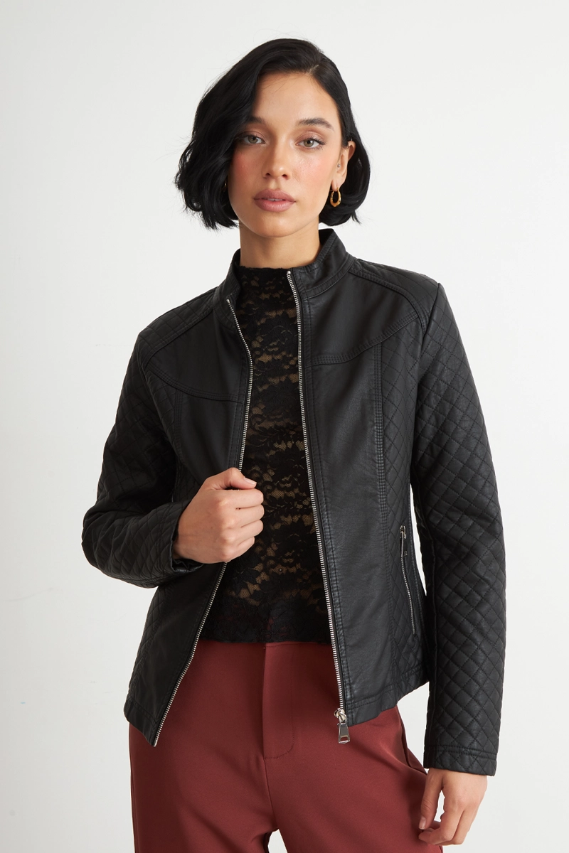 CHAQUETA ECOCUERO ACOLCHADO CUELLO MAO NEGRO NICOPOLY - 1