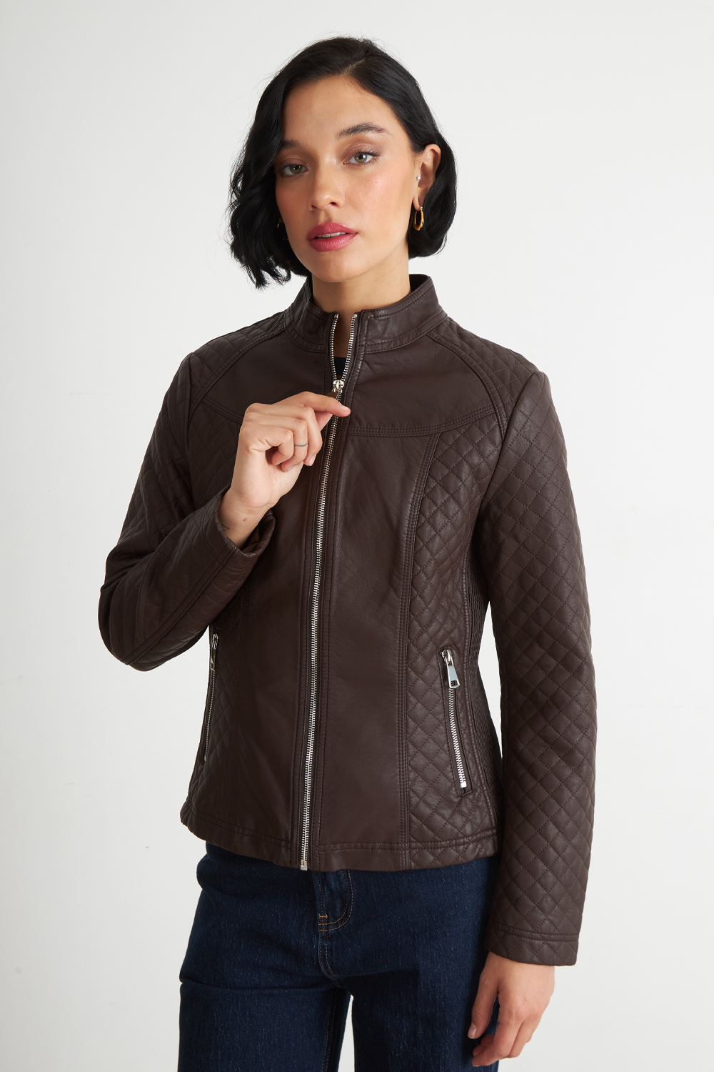 CHAQUETA ECOCUERO ACOLCHADO CUELLO MAO CAFE  NICOPOLY - 5