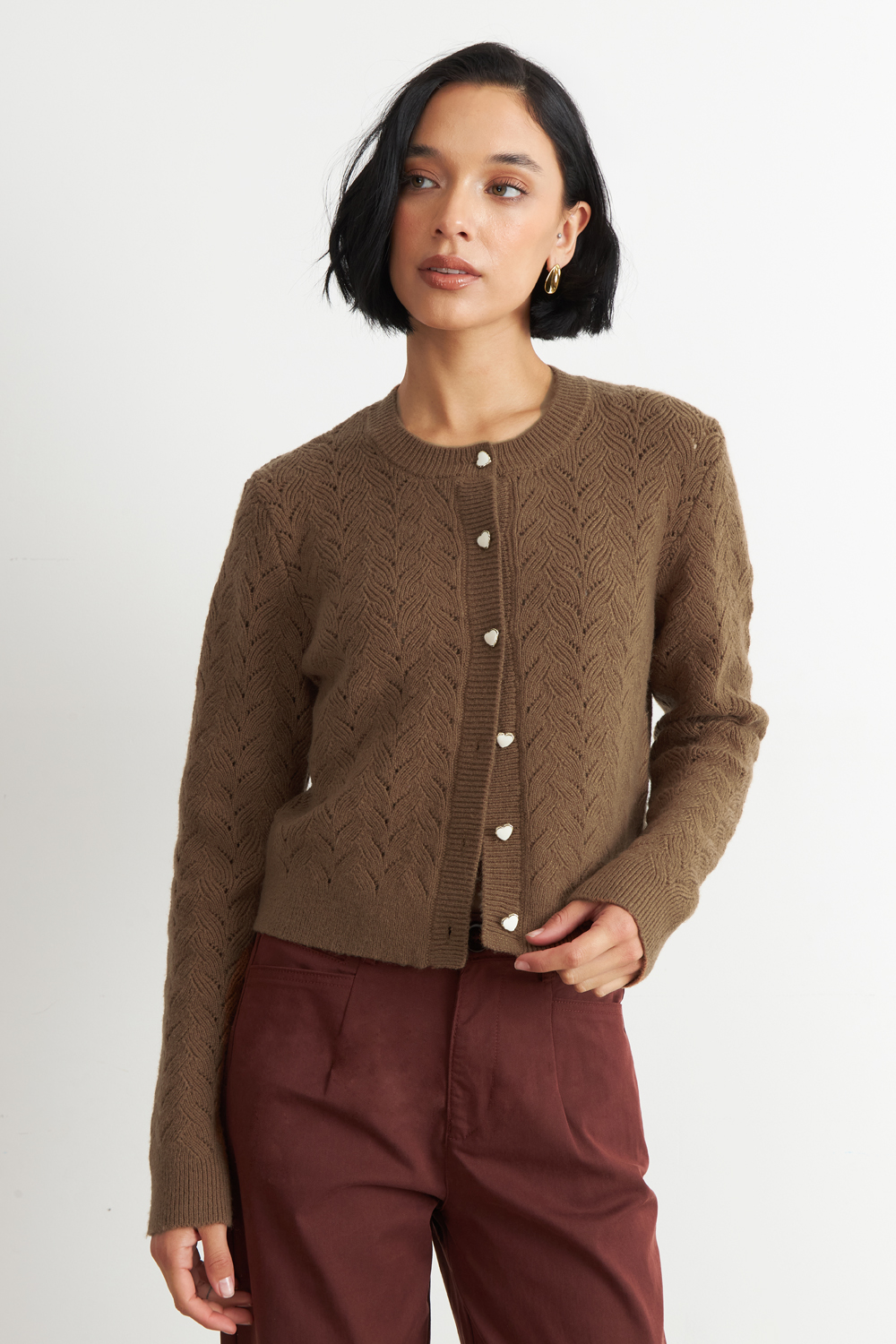 CARDIGAN CALADO CUELLO REDONDO CAFE  NICOPOLY - 1