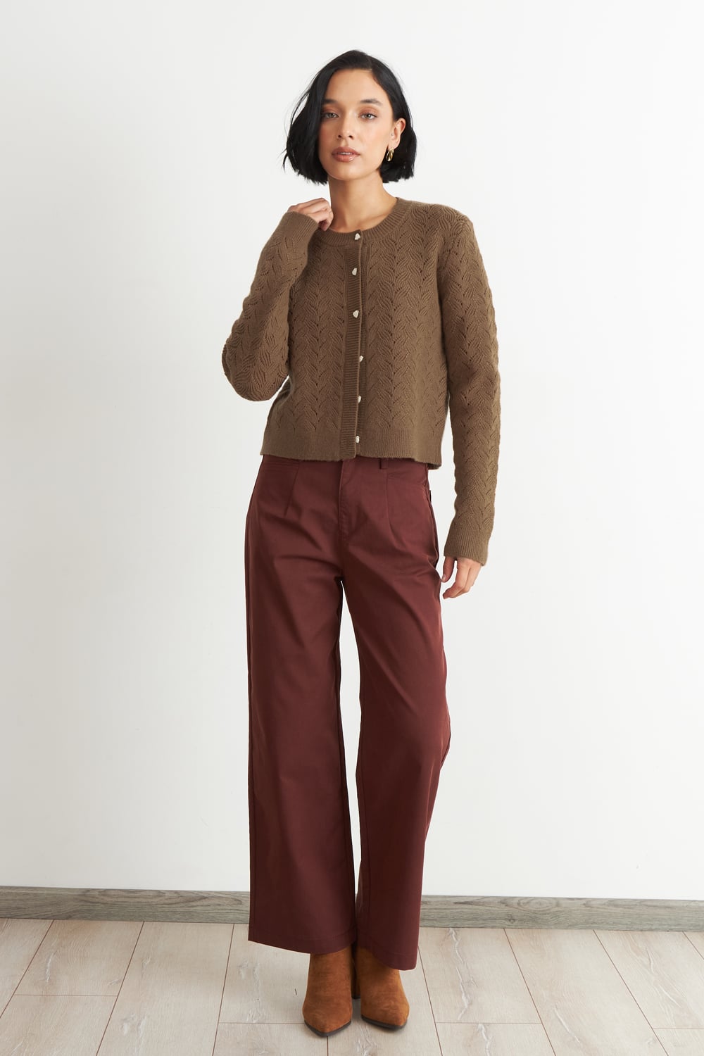 CARDIGAN CALADO CUELLO REDONDO CAFE  NICOPOLY - 2