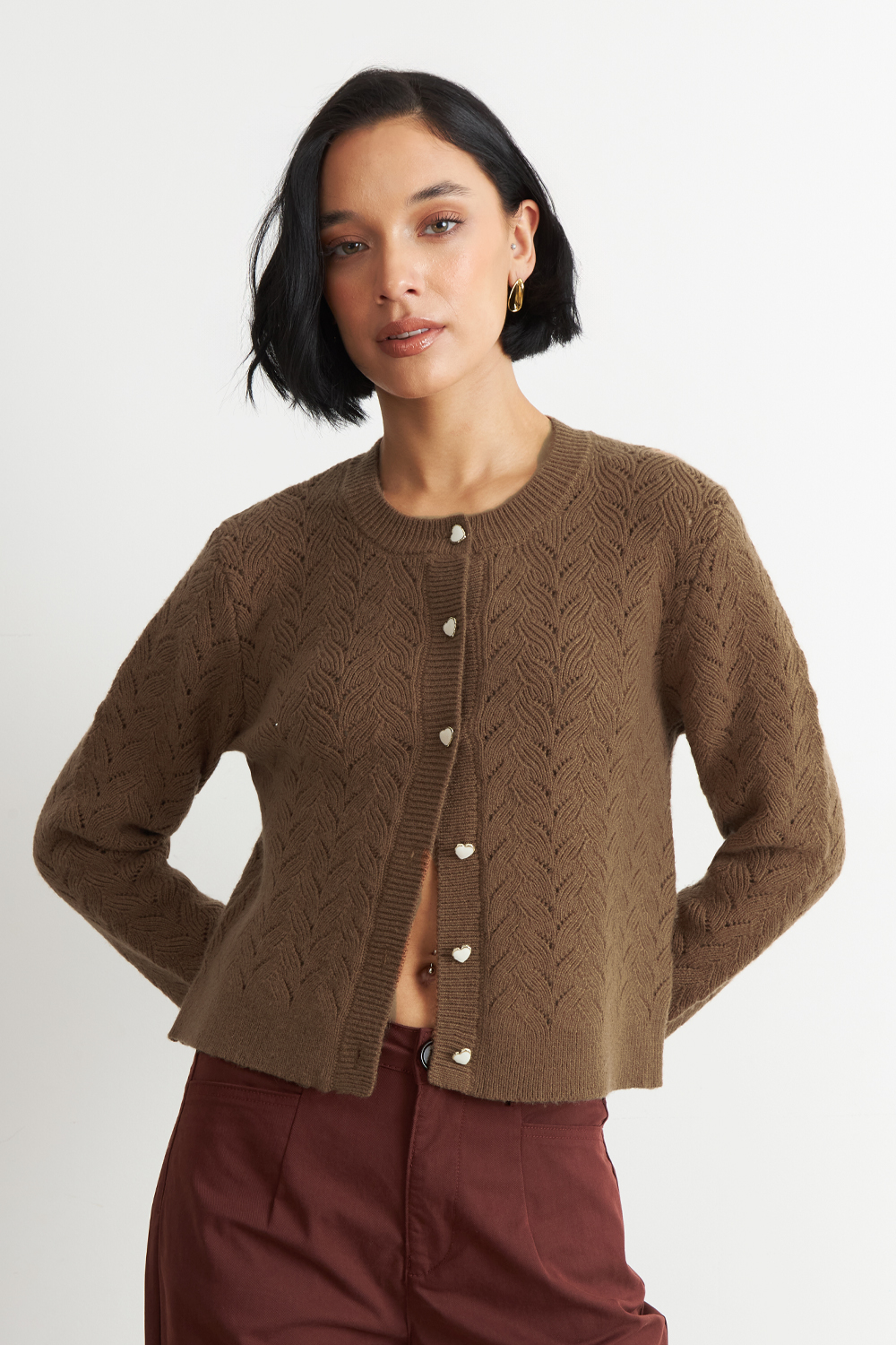 CARDIGAN CALADO CUELLO REDONDO CAFE  NICOPOLY - 5