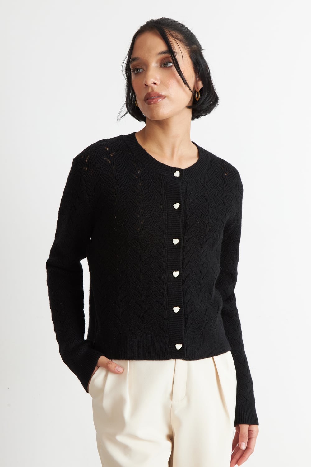 CARDIGAN CALADO CUELLO REDONDO NEGRO NICOPOLY - 1