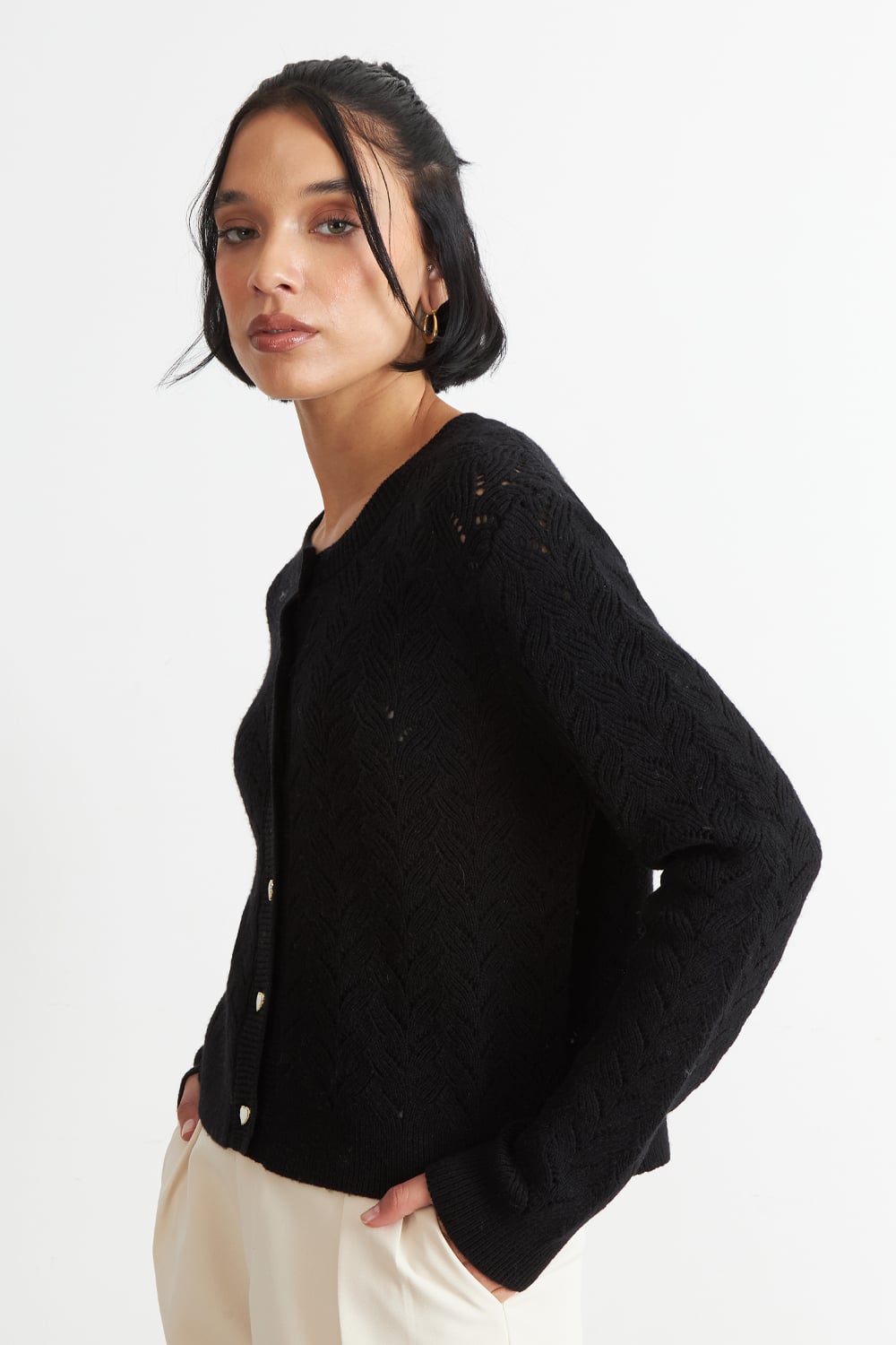 CARDIGAN CALADO CUELLO REDONDO NEGRO NICOPOLY - 3