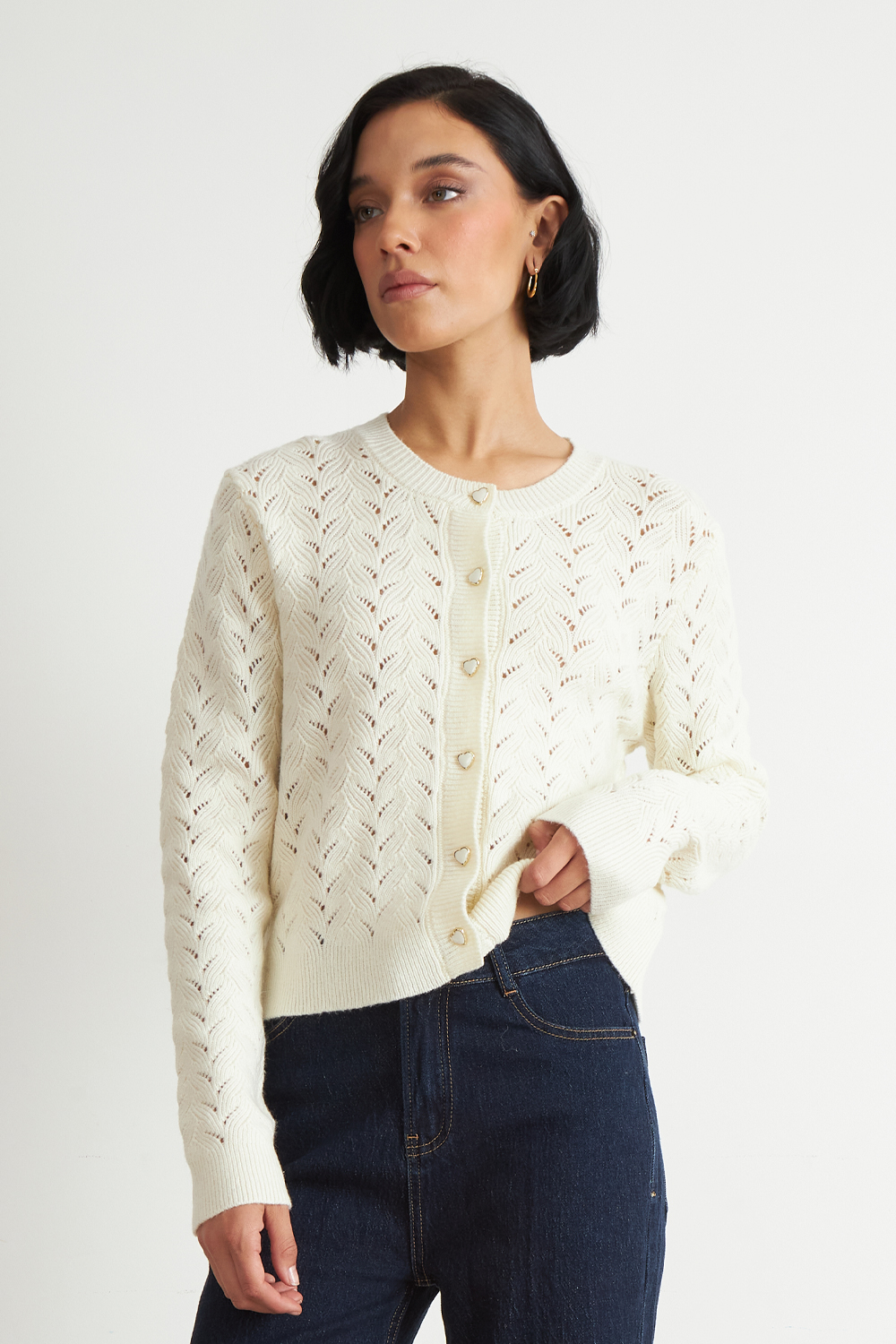 CARDIGAN CALADO CUELLO REDONDO BLANCO NICOPOLY - 1