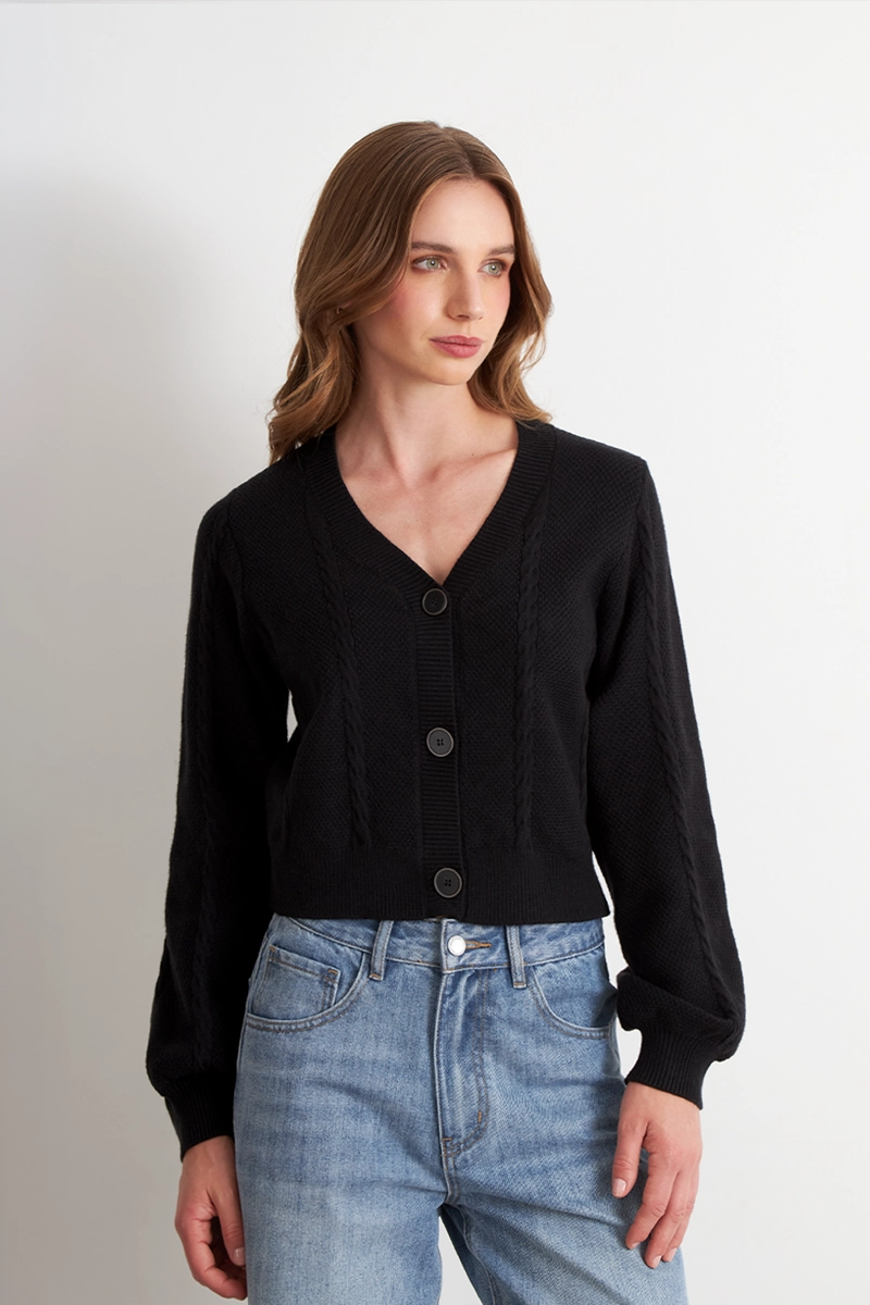 CARDIGAN DISEÑO TRENZADO NEGRO NICOPOLY - 1