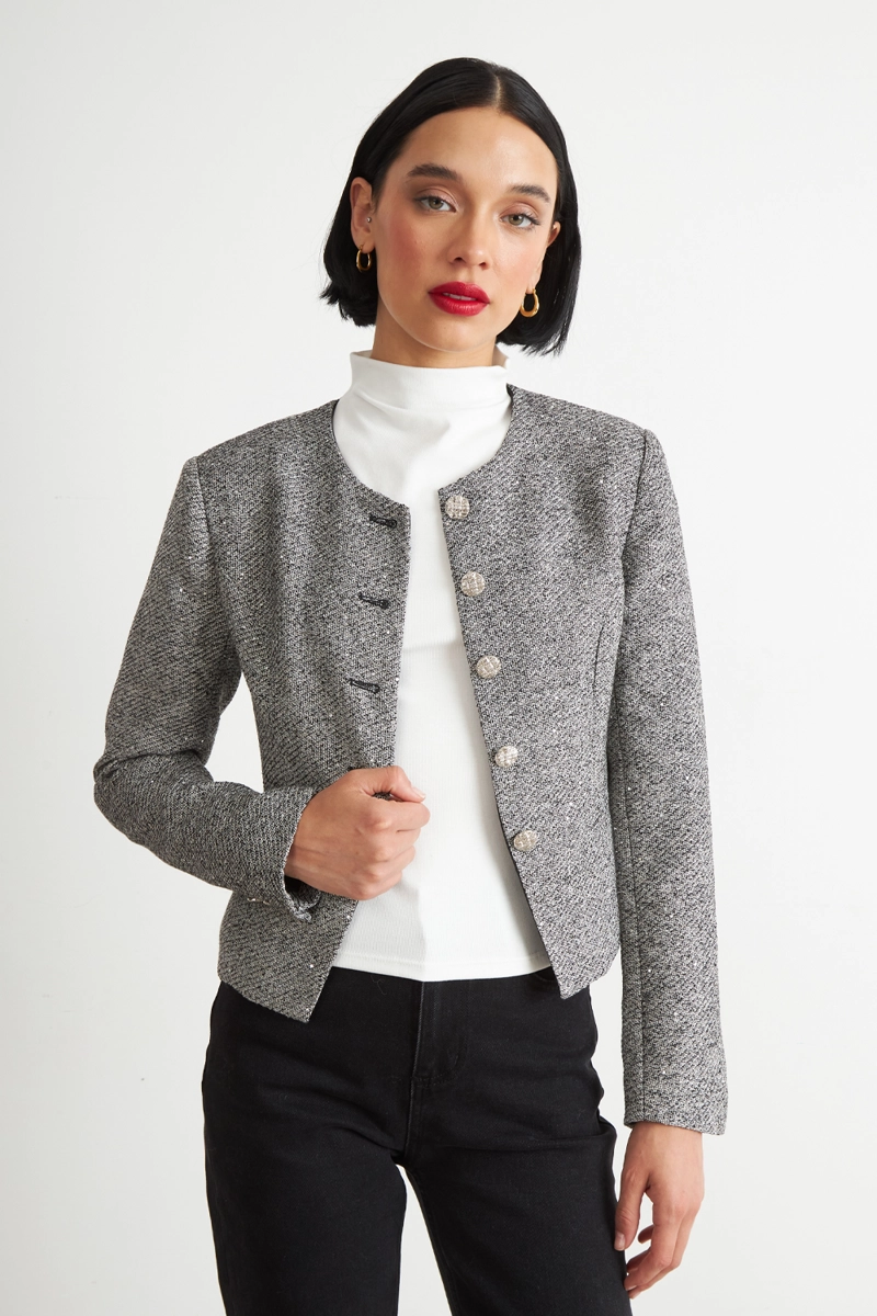 BLAZER CUELLO REDONDO SIN SOLAPA GRIS NICOPOLY - 1