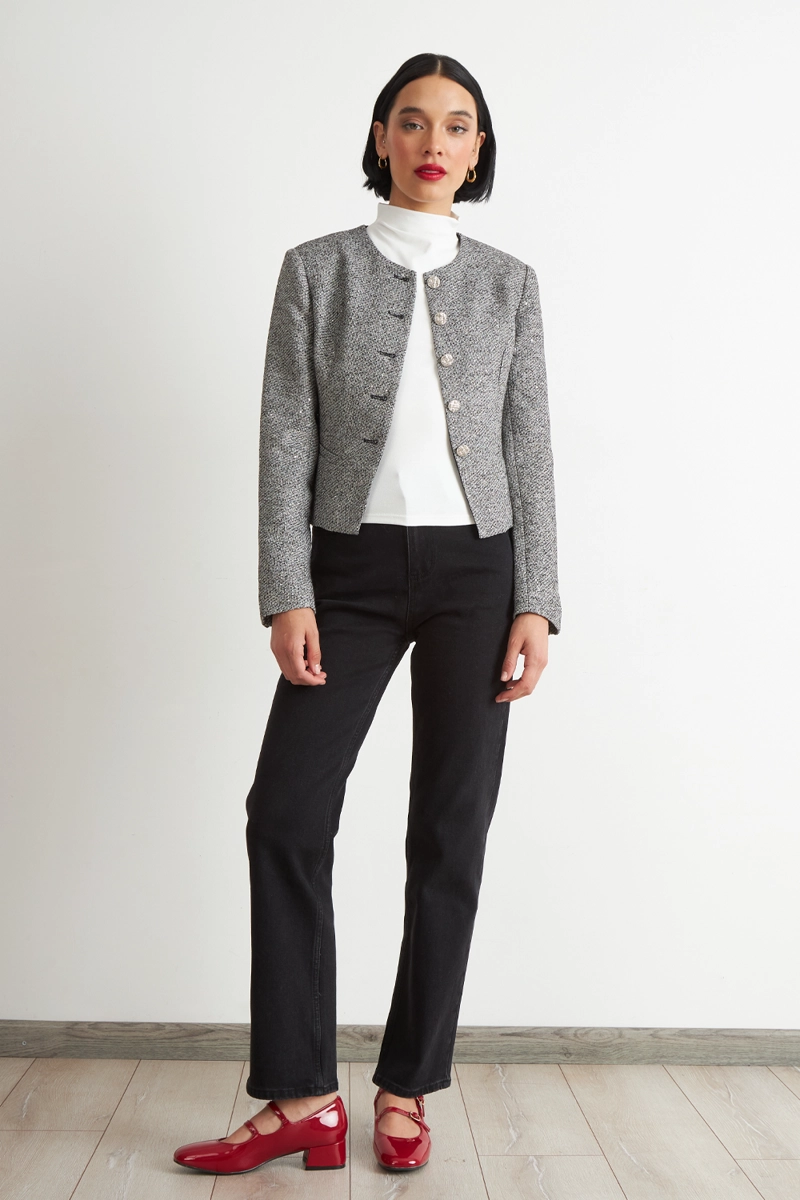 BLAZER CUELLO REDONDO SIN SOLAPA GRIS NICOPOLY - 2