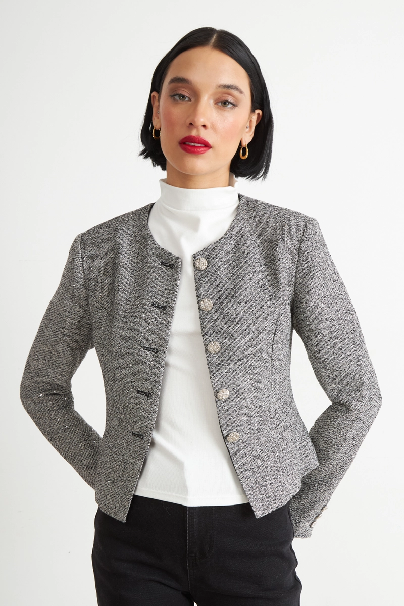 BLAZER CUELLO REDONDO SIN SOLAPA GRIS NICOPOLY - 5