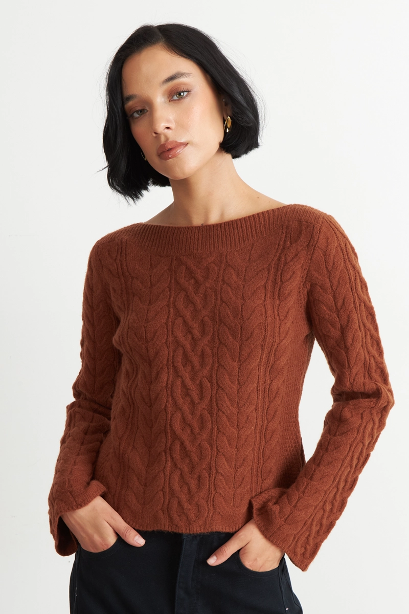 SWEATER CON PATRON TRENZADO MOCCA NICOPOLY - 1