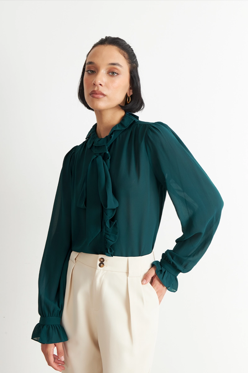 BLUSA CORBATIN Y VUELOS VERDE AZULADO NICOPOLY - 3