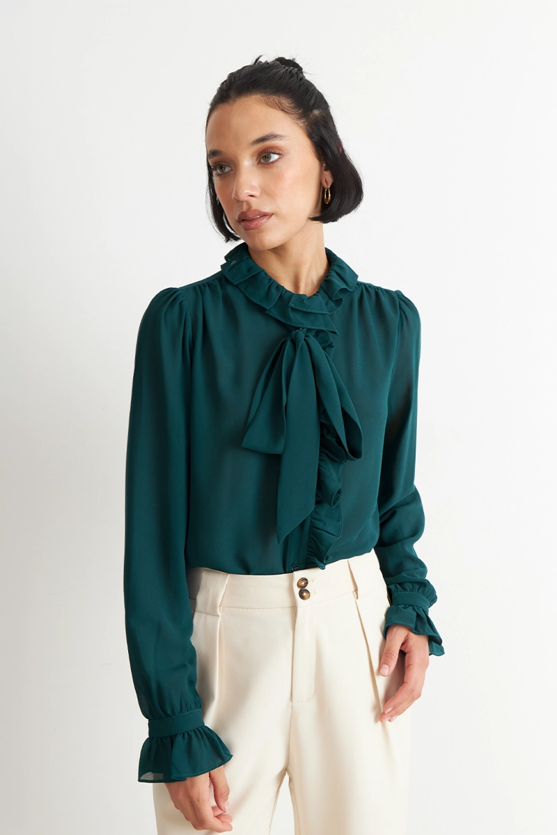BLUSA CORBATIN Y VUELOS VERDE AZULADO NICOPOLY - 5