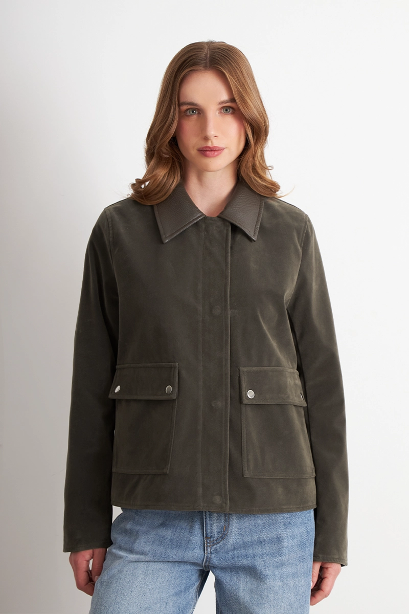 CHAQUETA TIPO GAMUZA CUELLO ECOCUERO OLIVA NICOPOLY - 1