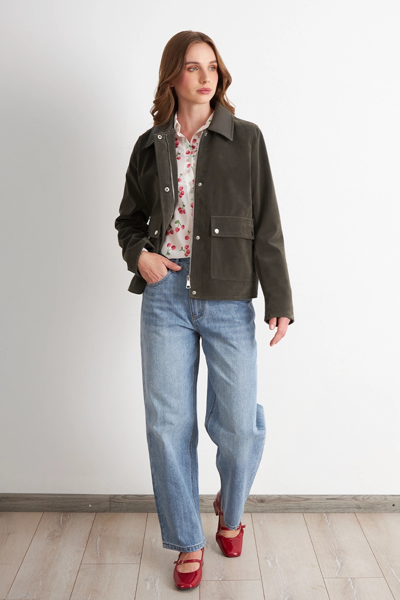 CHAQUETA TIPO GAMUZA CUELLO ECOCUERO OLIVA NICOPOLY - 2