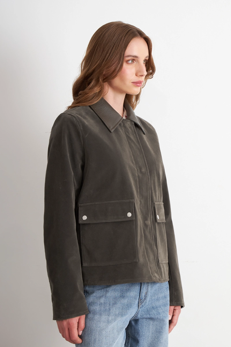 CHAQUETA TIPO GAMUZA CUELLO ECOCUERO OLIVA NICOPOLY - 3