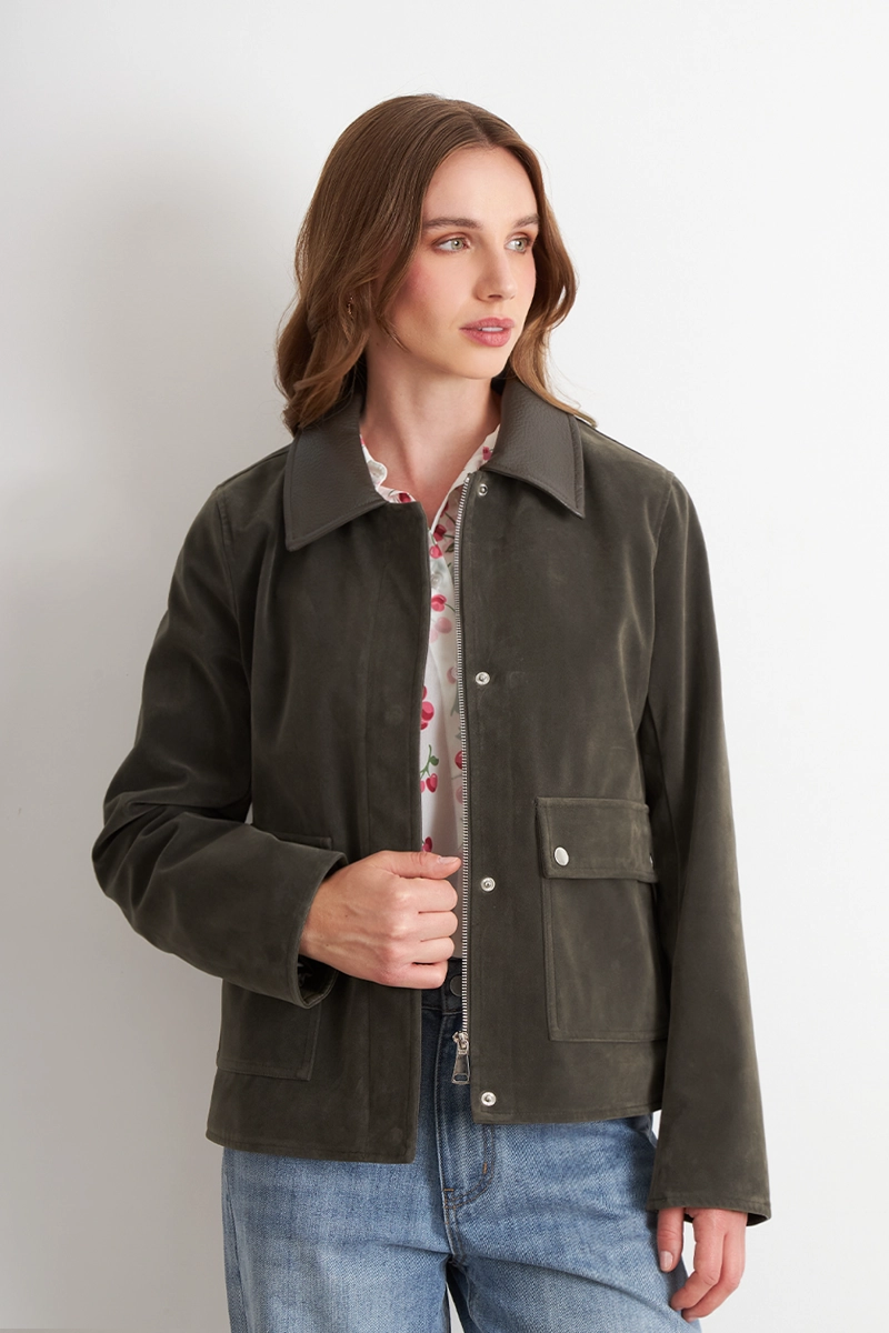 CHAQUETA TIPO GAMUZA CUELLO ECOCUERO OLIVA NICOPOLY - 5