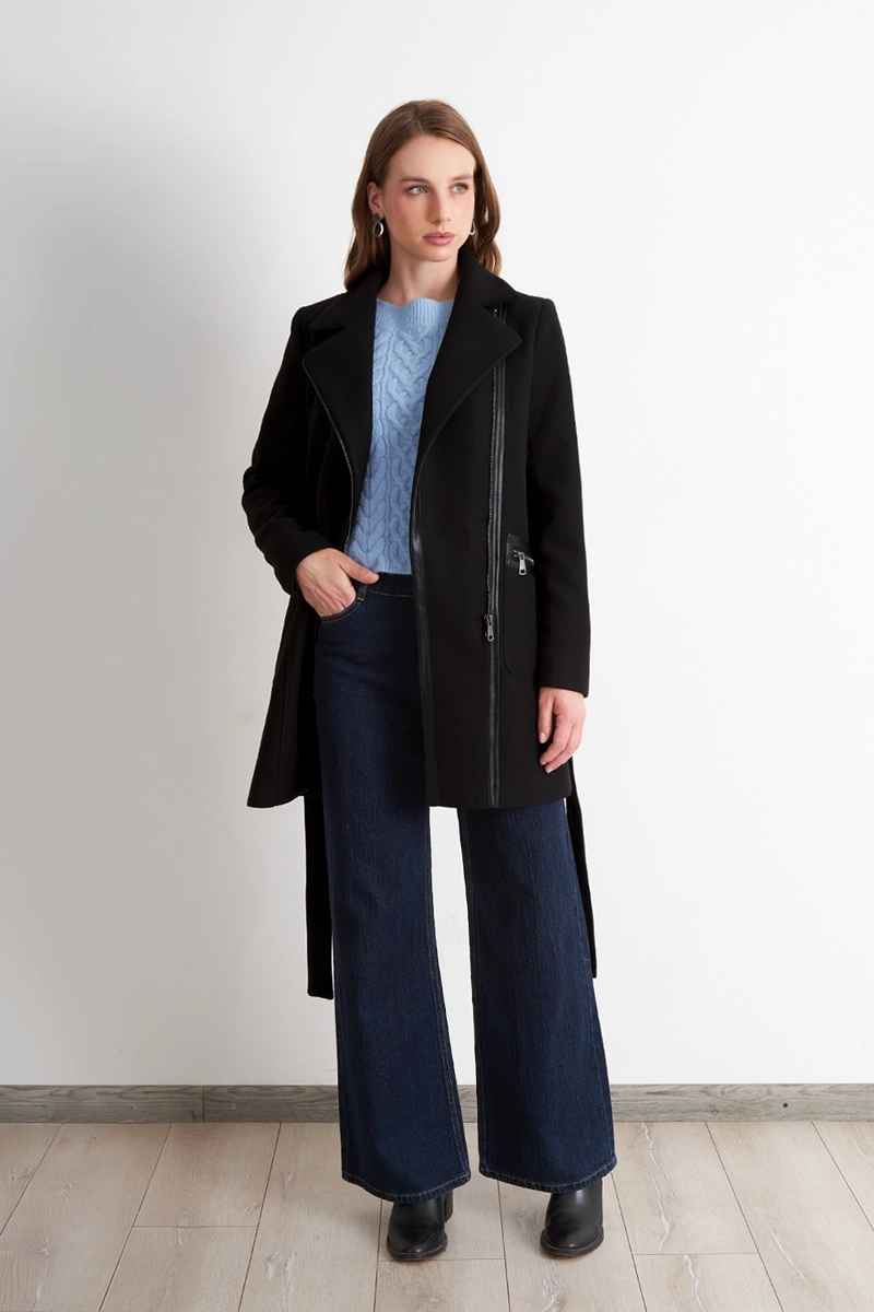 CHAQUETA MUJER NICOPOLY PAÑO CON CINTURON NEGRO - 2