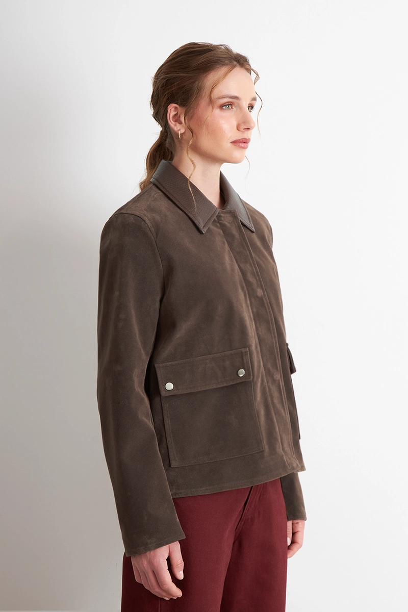 CHAQUETA TIPO GAMUZA CUELLO ECOCUERO CAFE  NICOPOLY - 3