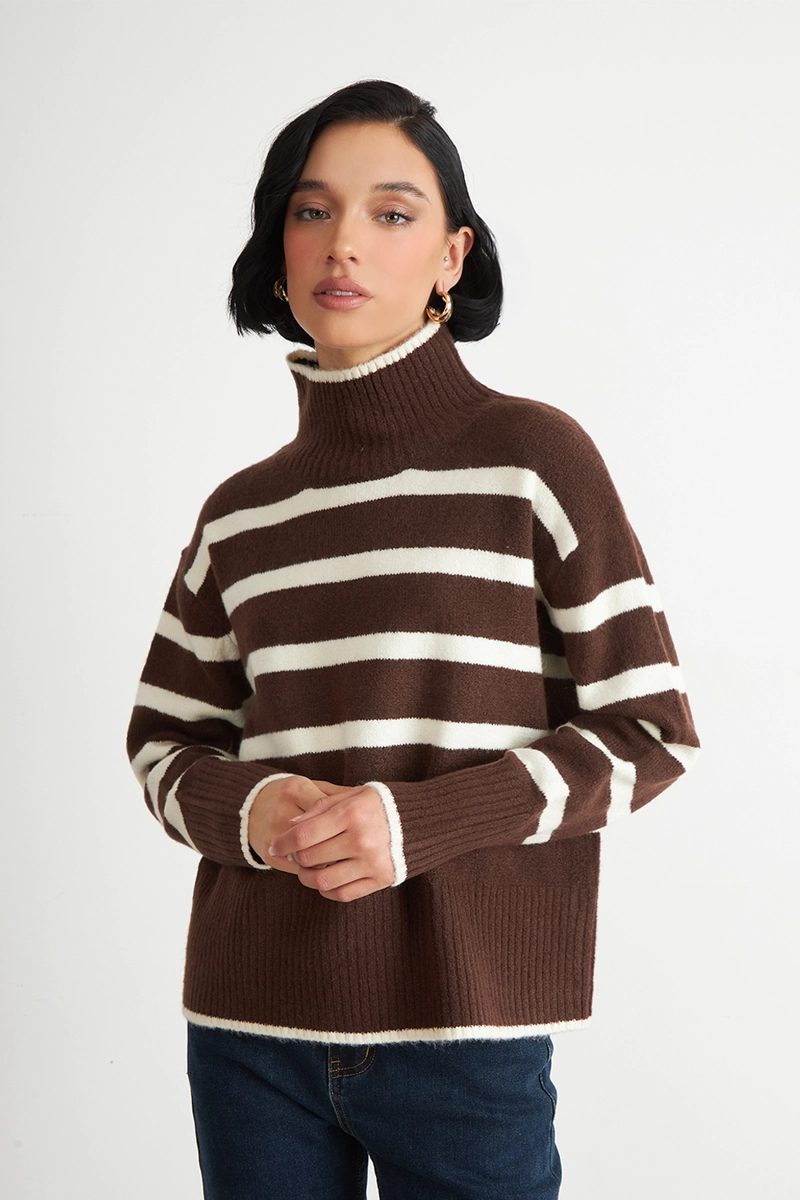 SWEATER CUELLO ALTO RAYAS HORIZONTALES MOCCA NICOPOLY - 1