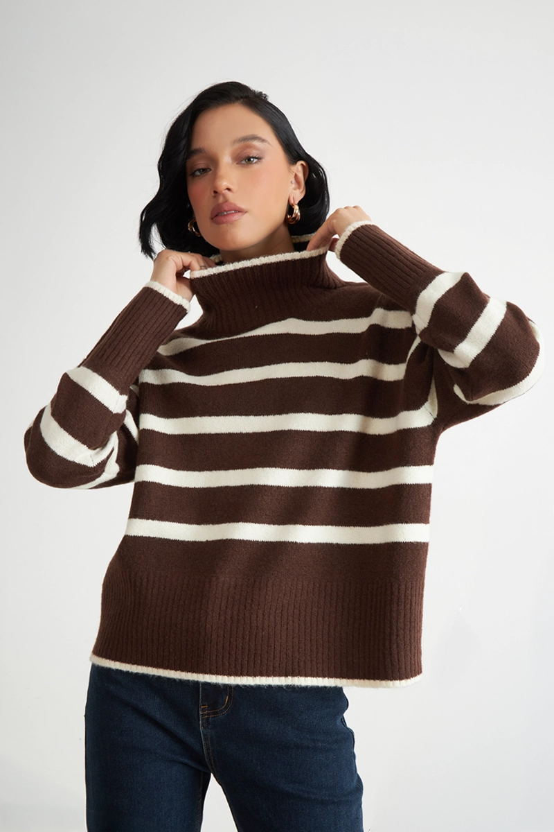 SWEATER CUELLO ALTO RAYAS HORIZONTALES MOCCA NICOPOLY - 5