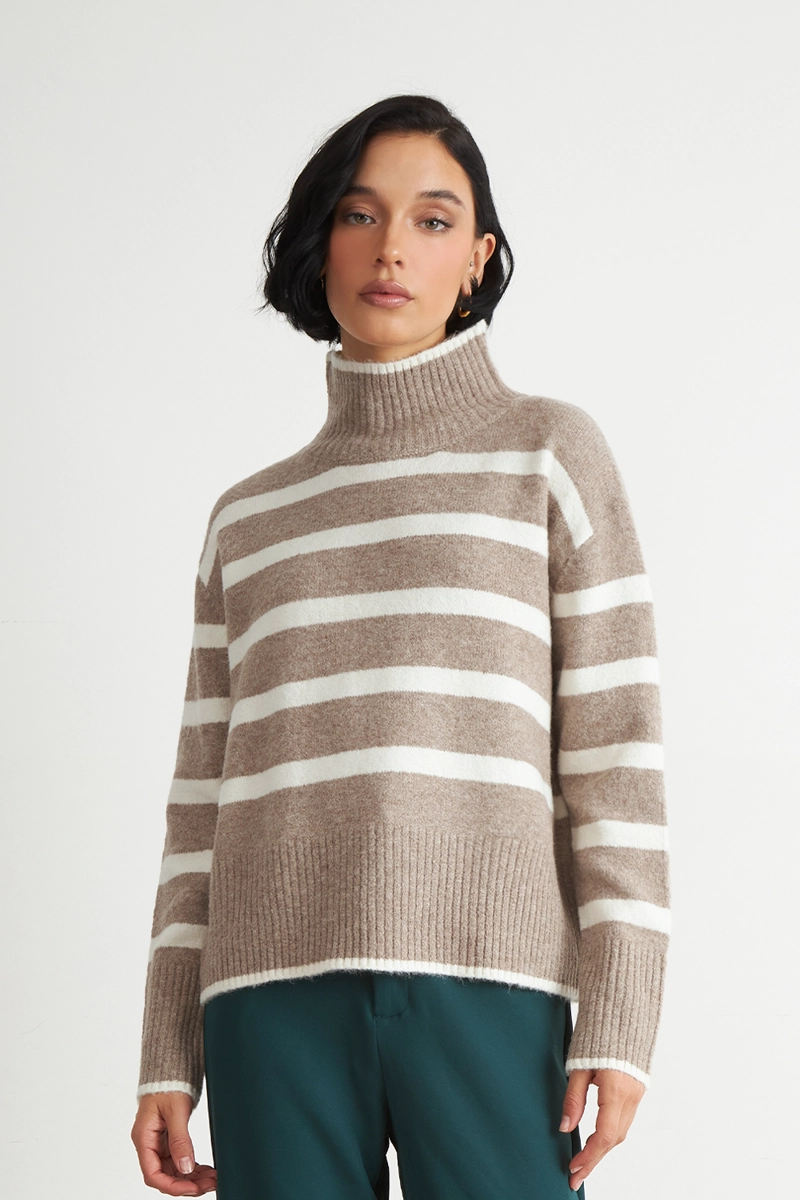 SWEATER CUELLO ALTO RAYAS HORIZONTALES KHAKI NICOPOLY - 1