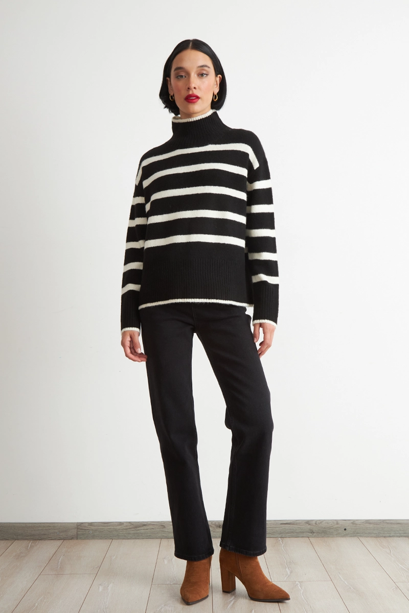 SWEATER CUELLO ALTO RAYAS HORIZONTALES NEGRO MUJER NICOPOLY - 2