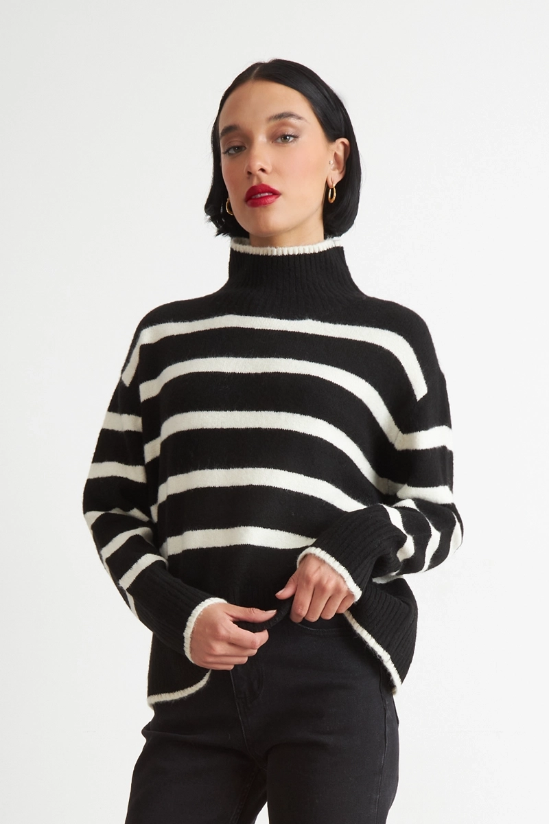 SWEATER CUELLO ALTO RAYAS HORIZONTALES NEGRO NICOPOLY - 5
