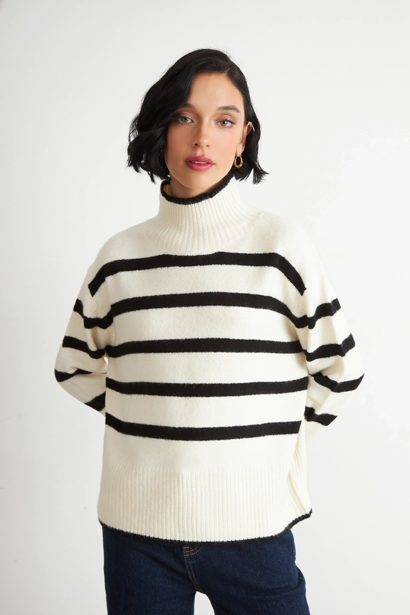 SWEATER CUELLO ALTO RAYAS HORIZONTALES BLANCO NICOPOLY - 1