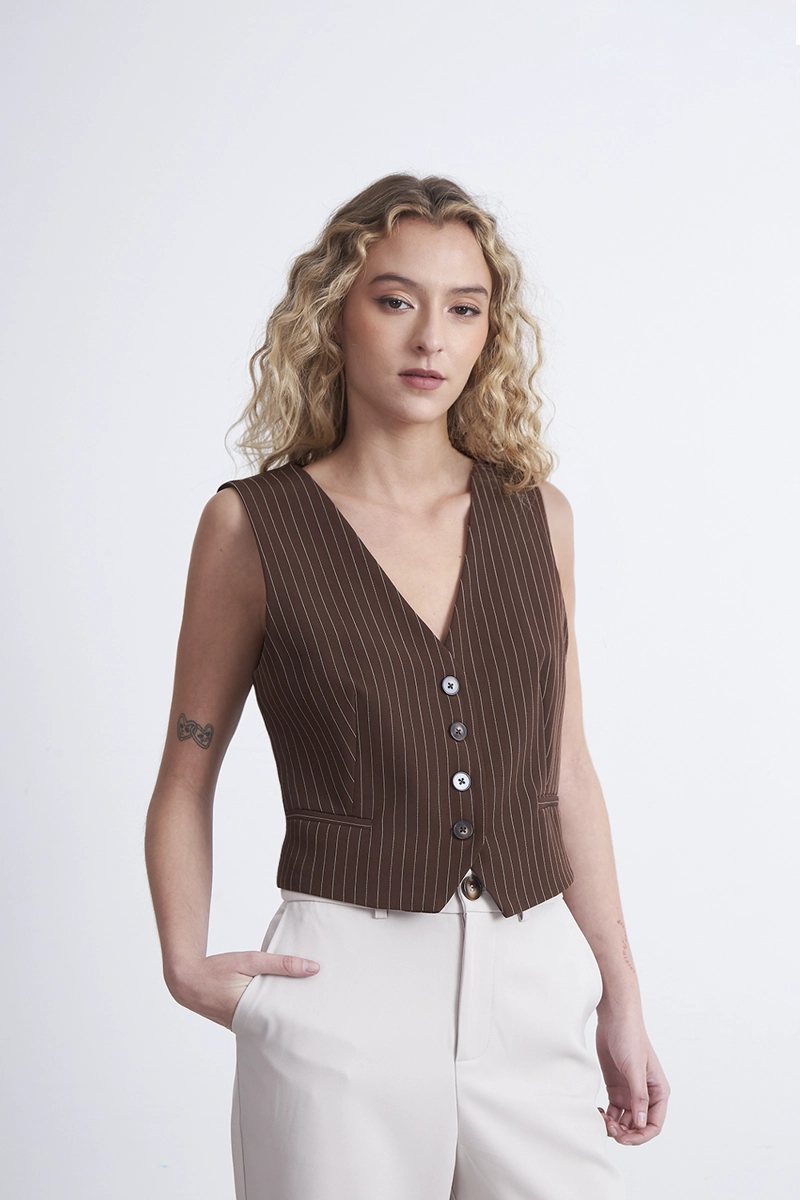 GILET SASTRERO RAYAS DIPLOMATICAS CAFE MUJER NICOPOLY - 6