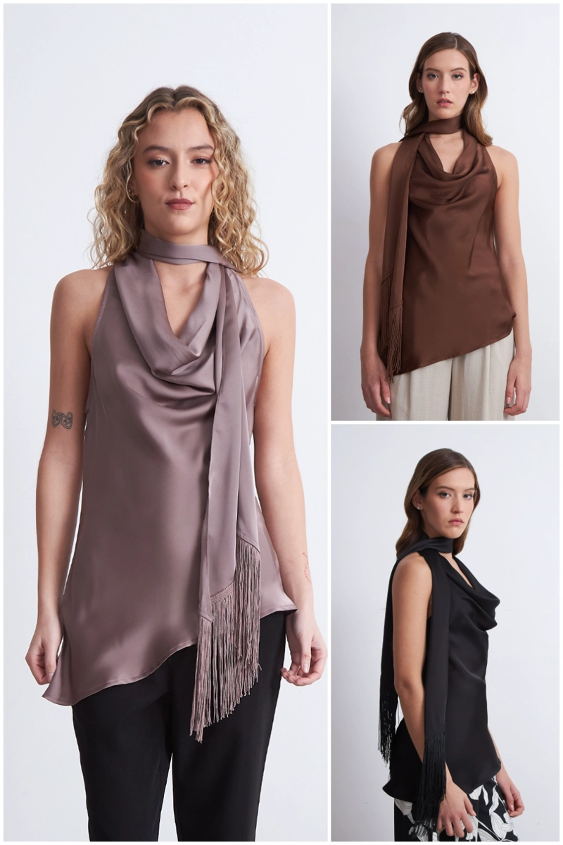 BLUSA DRAPEADA TIPO SATIN CON CORBATIN NEGRO MUJER NICOPOLY - 5