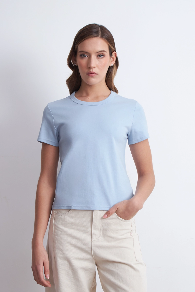 POLERA CUELLO REDONDO MANGA CORTA CELESTE MUJER NICOPOLY - 1