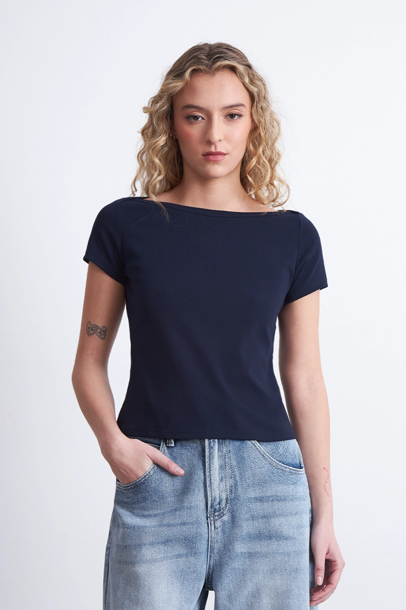 POLERA MANGA CORTA CUELLO BOTE AZUL MARINO MUJER NICOPOLY - 1