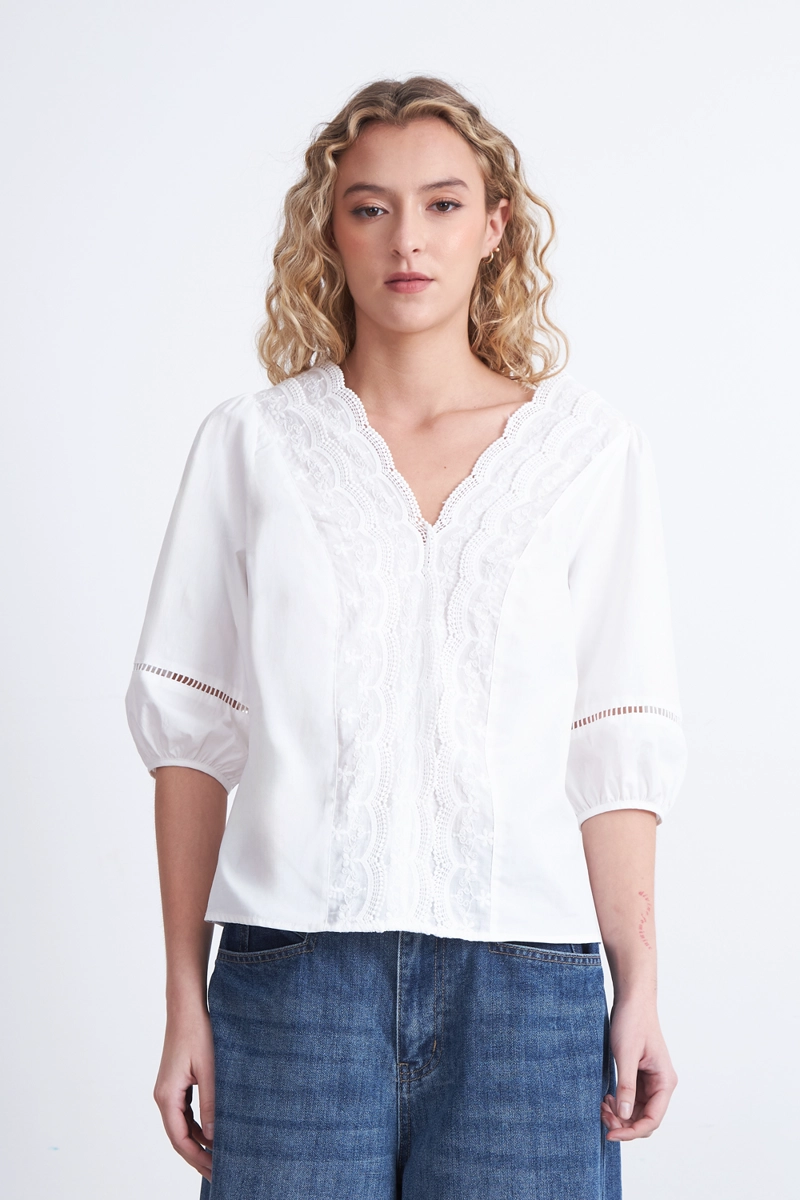 BLUSA ENCAJE MANGA GLOBO BLANCO MUJER NICOPOLY - 5