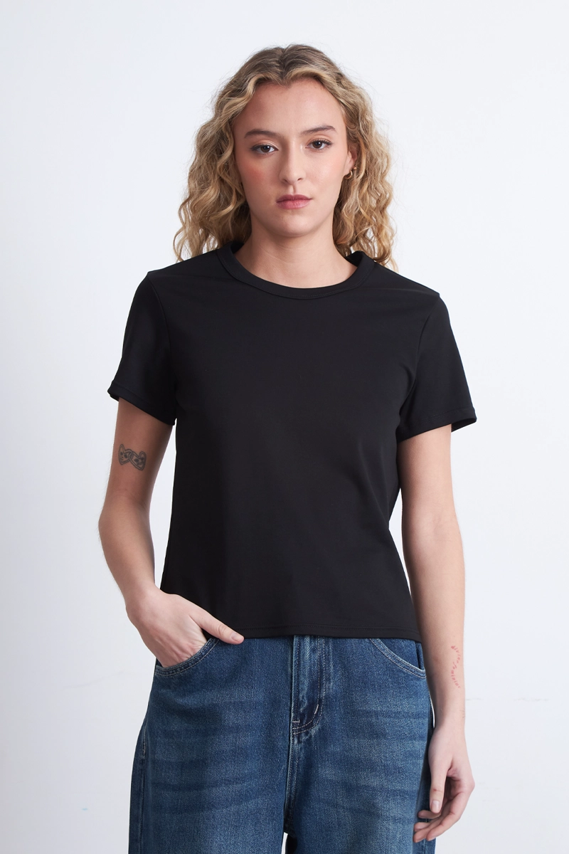 POLERA CUELLO REDONDO MANGA CORTA NEGRO MUJER NICOPOLY - 1