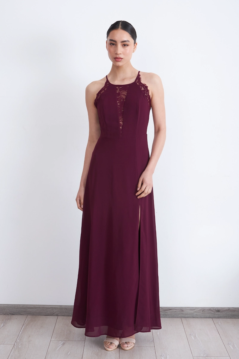 VESTIDO LARGO HALTER DETALLE ENCAJE BURDEO NICOPOLY - 1