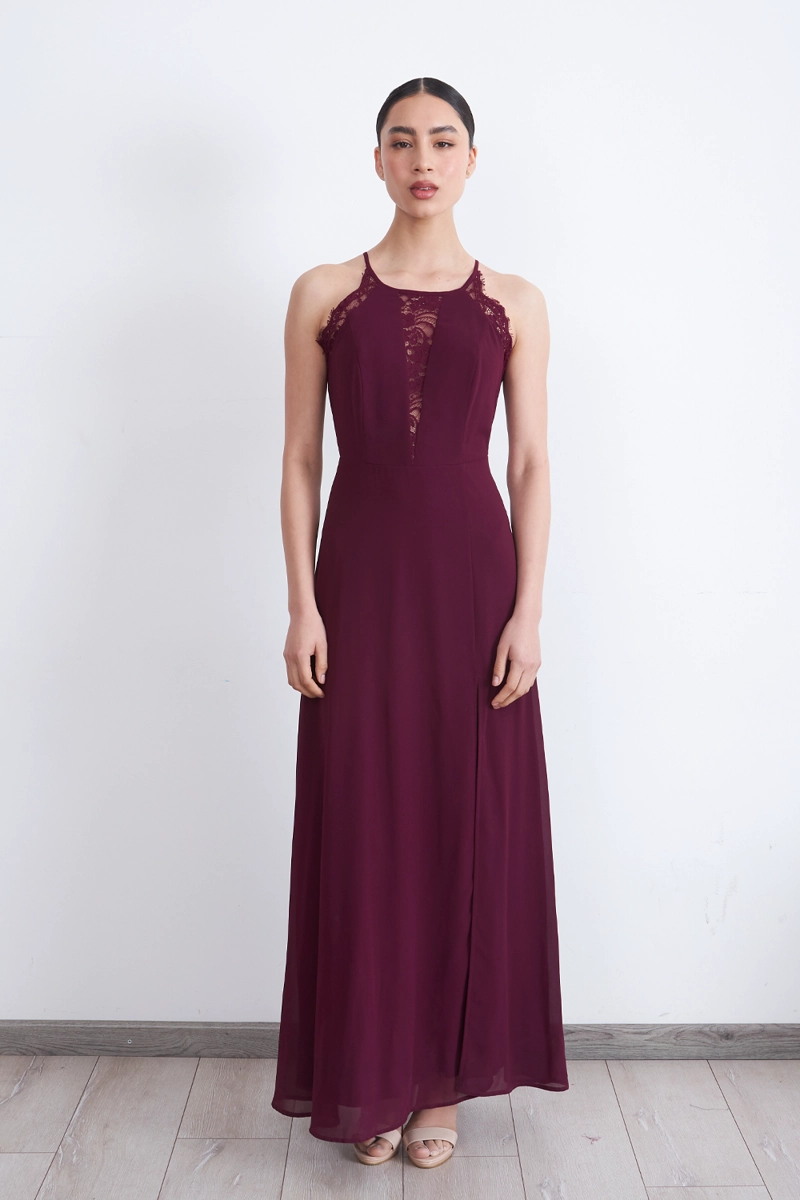 VESTIDO LARGO HALTER DETALLE ENCAJE BURDEO NICOPOLY - 2