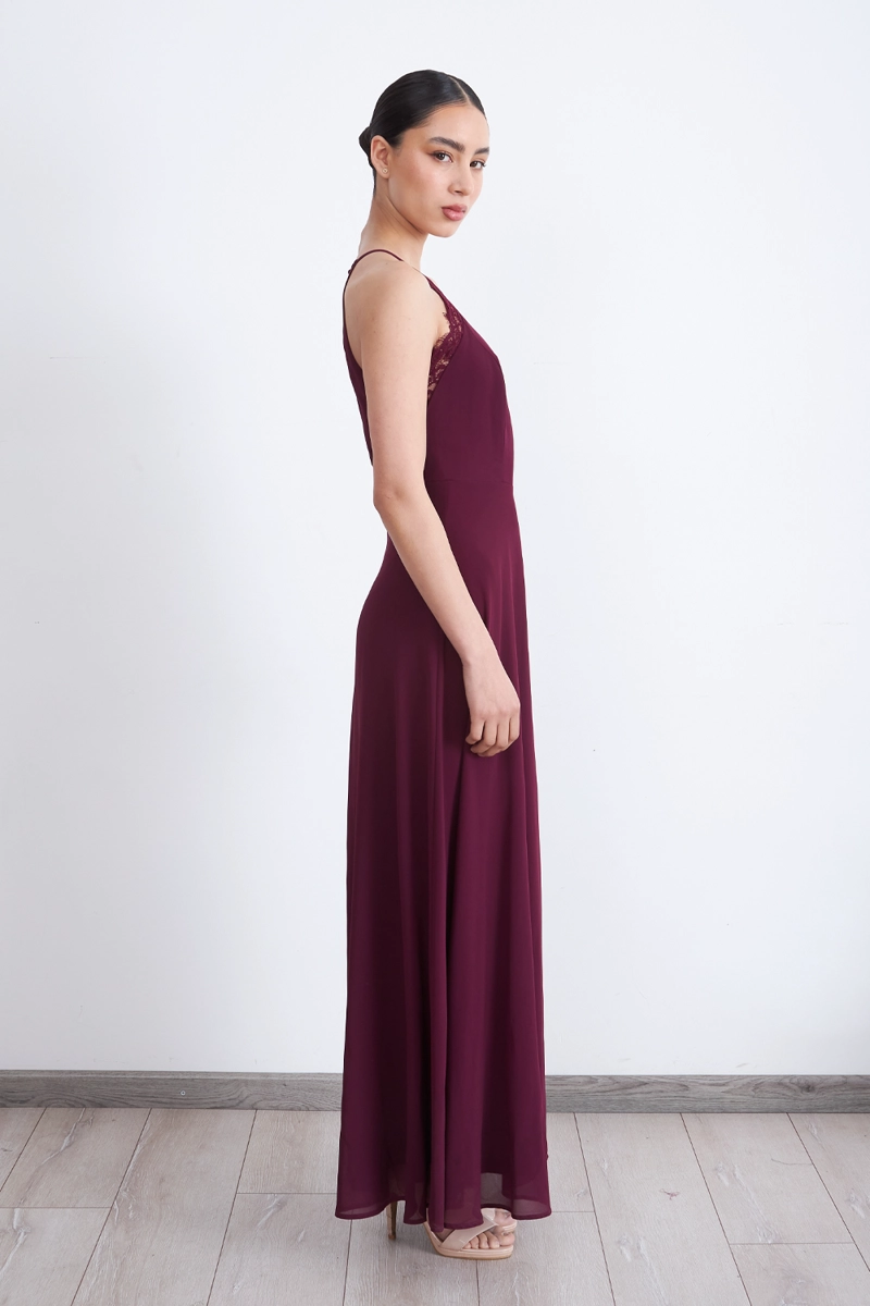 VESTIDO LARGO HALTER DETALLE ENCAJE BURDEO NICOPOLY - 3