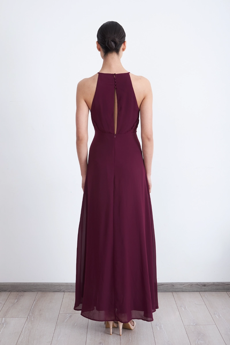 VESTIDO LARGO HALTER DETALLE ENCAJE BURDEO NICOPOLY - 4