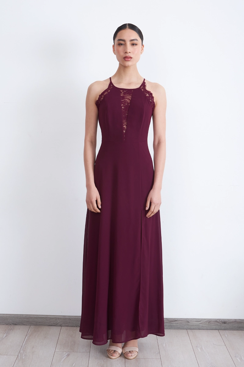 VESTIDO LARGO HALTER DETALLE ENCAJE BURDEO NICOPOLY - 5