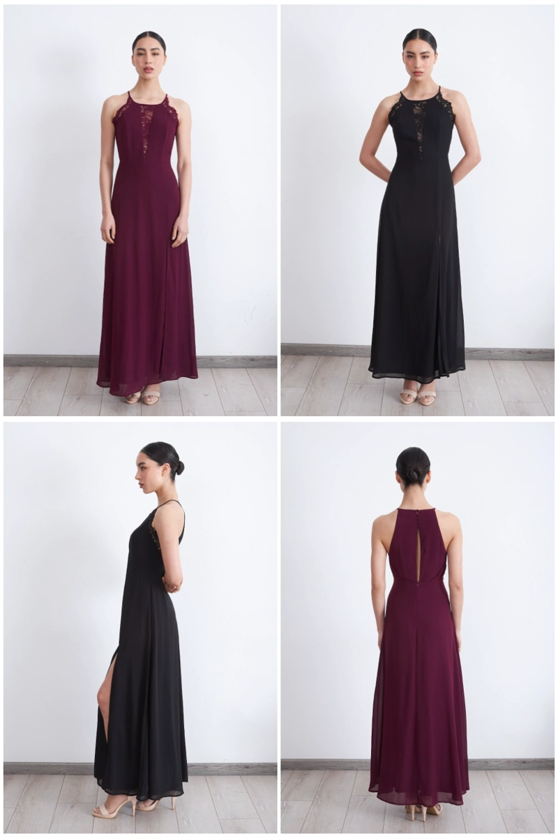 VESTIDO LARGO HALTER DETALLE ENCAJE BURDEO MUJER NICOPOLY - 5