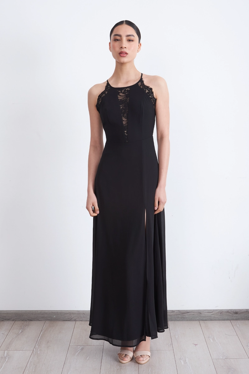 VESTIDO LARGO HALTER DETALLE ENCAJE NEGRO MUJER NICOPOLY - 1