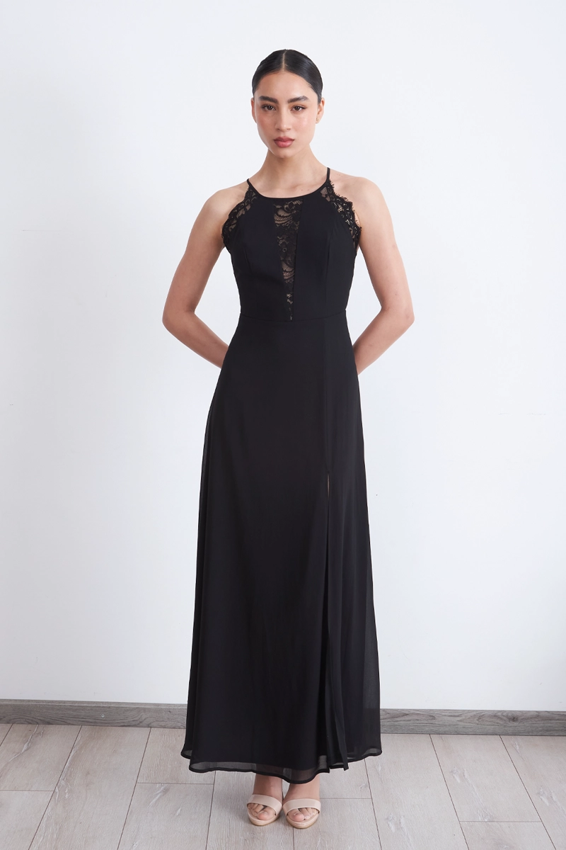 VESTIDO LARGO HALTER DETALLE ENCAJE NEGRO MUJER NICOPOLY - 2