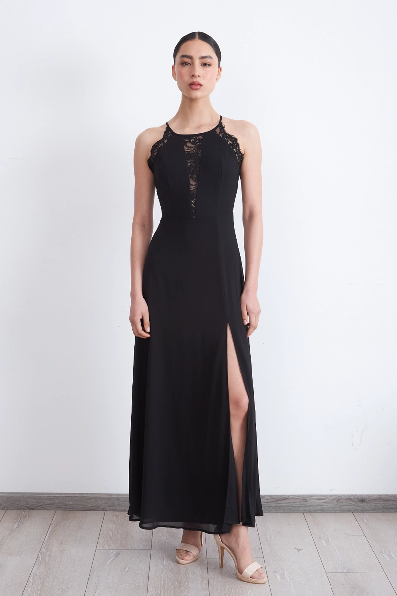 VESTIDO LARGO HALTER DETALLE ENCAJE NEGRO MUJER NICOPOLY - 5