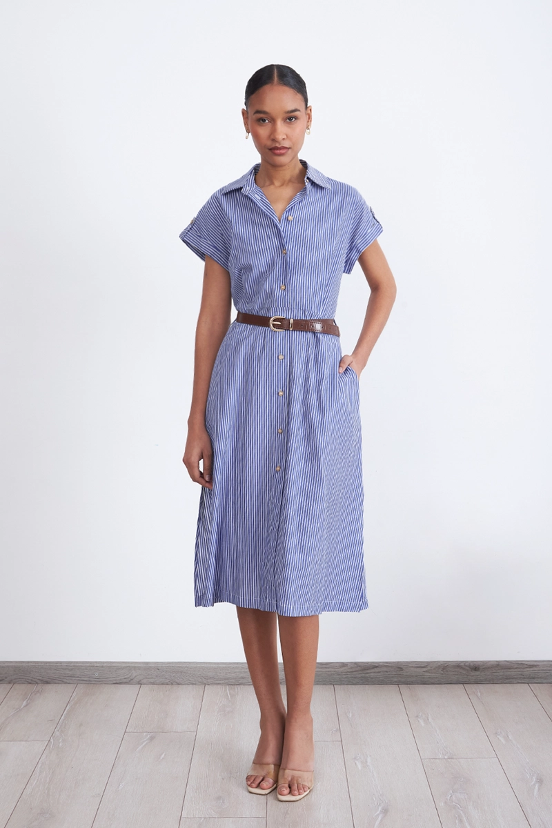 VESTIDO RAYAS CAMISERO CELESTE MUJER NICOPOLY - 2