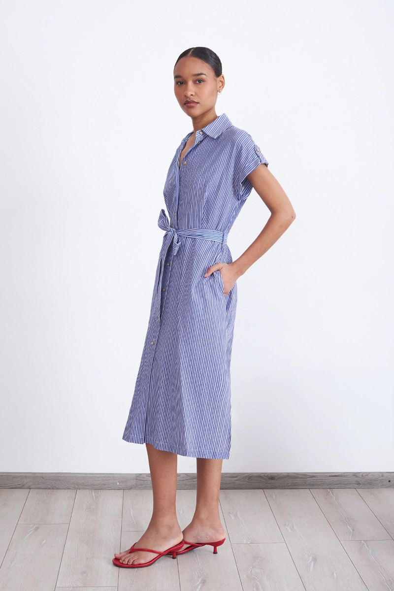 VESTIDO RAYAS CAMISERO CELESTE MUJER NICOPOLY - 3