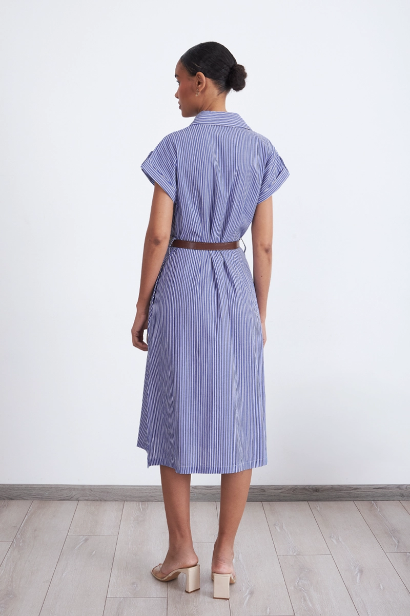 VESTIDO RAYAS CAMISERO CELESTE MUJER NICOPOLY - 4